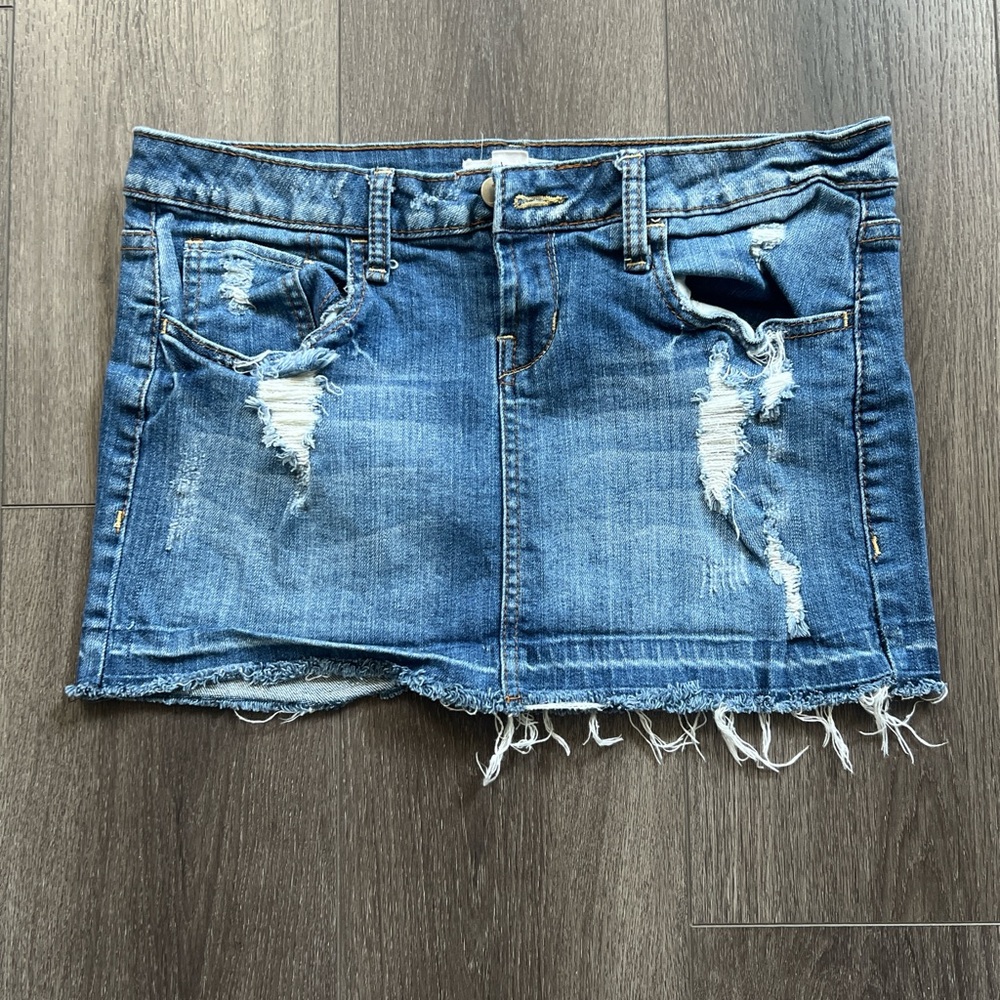 Distressed denim jean mini skirt country concert festival Sz L